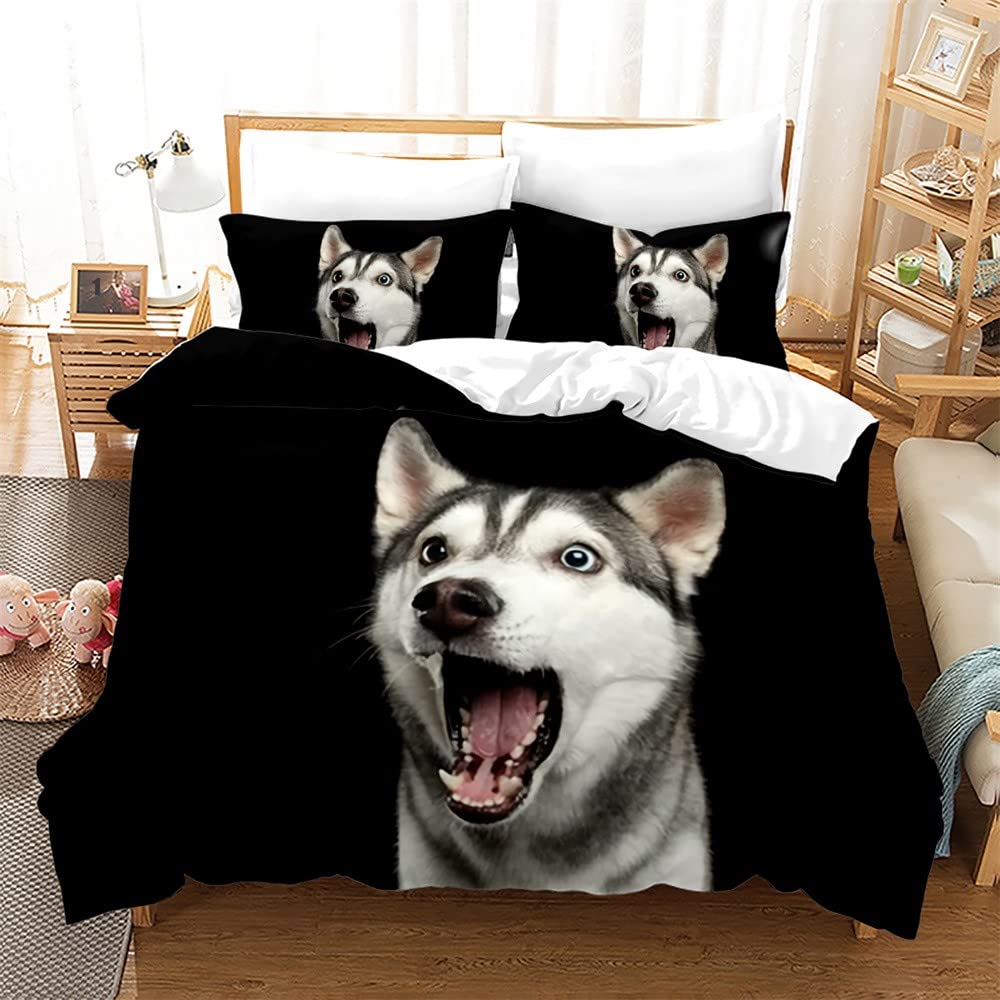 Pościel 155 x 220 z mikrofibry, 3-częściowa, czarny pies Husky, dwustronny motyw, zestaw pościeli dla dzieci, na łóżko pojedyncze, oddychająca, z zamkiem błyskawicznym i 2 poszewkami na poduszki 80 x 80 cm