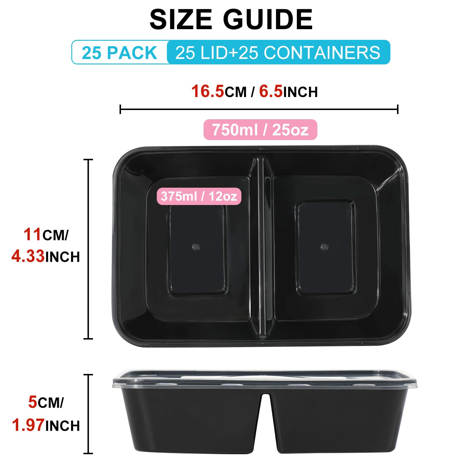 25PCS Contenitori Per Alimenti Ermetici Di 2 Scomparto Scatole Bento Riutilizzabili Per Il Cibo Recipienti Plastica Insalate Snack Campeggio