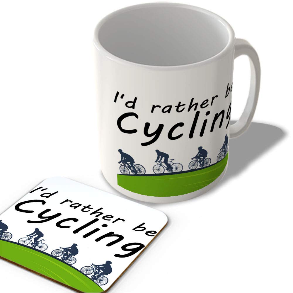 Mcmug White - I'd Rather Be Cycling - Mug And Coaster Set, Ceramic, 11Fl.oz.
