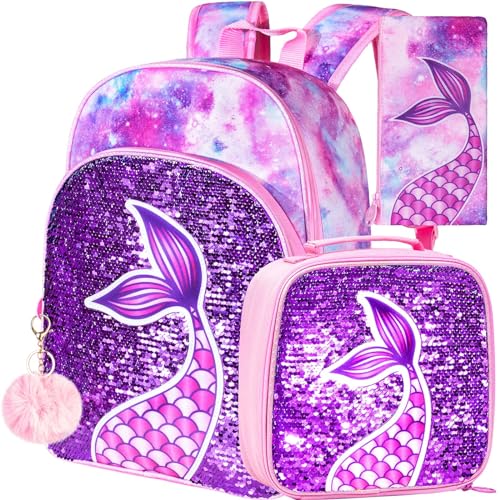 gxtvo 3PCS Mermaid Backpack for Girls, 16" Sequin Preschool Elementary Bookbag and Lunch Box