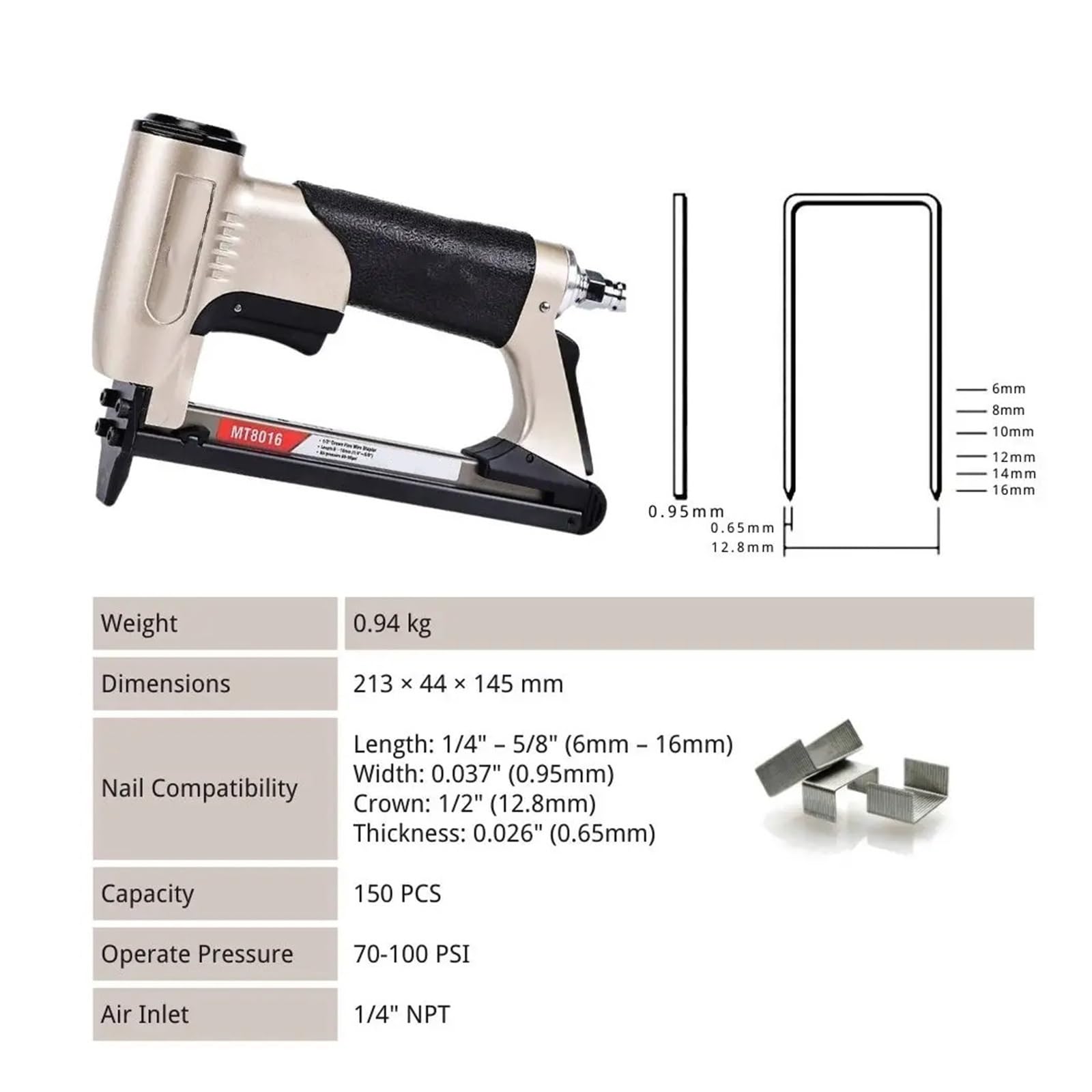 Pistola sparapunti pneumatica senza olio Cucitrice pneumatica MT8016 MT8016LN Cucitrice pneumatica a filo sottile calibro 21(MT8016)