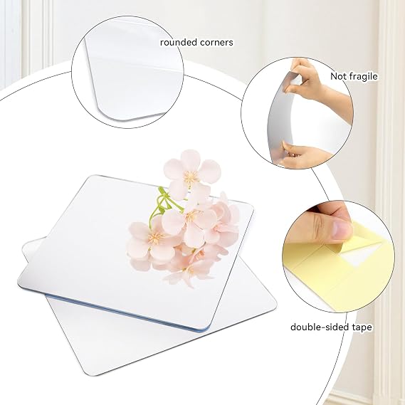 yuntop 2 Pack Self Adhesive Acrylic Mirror, 2MM Flexible Plastic Mirror, Shatterproof PS Frameless Wall Mirror for Bathroom Vanity and Entryway (6 x 6 inch)