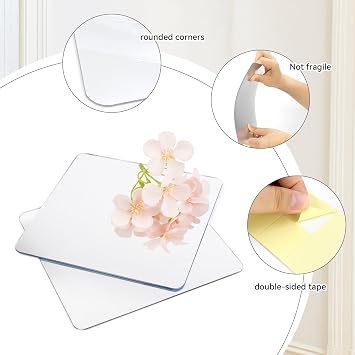 yuntop 2 Pack Self Adhesive Acrylic Mirror, 2MM Flexible Plastic Mirror, Shatterproof PS Frameless Wall Mirror for Bathroom Vanity and Entryway (6 x 6 inch)