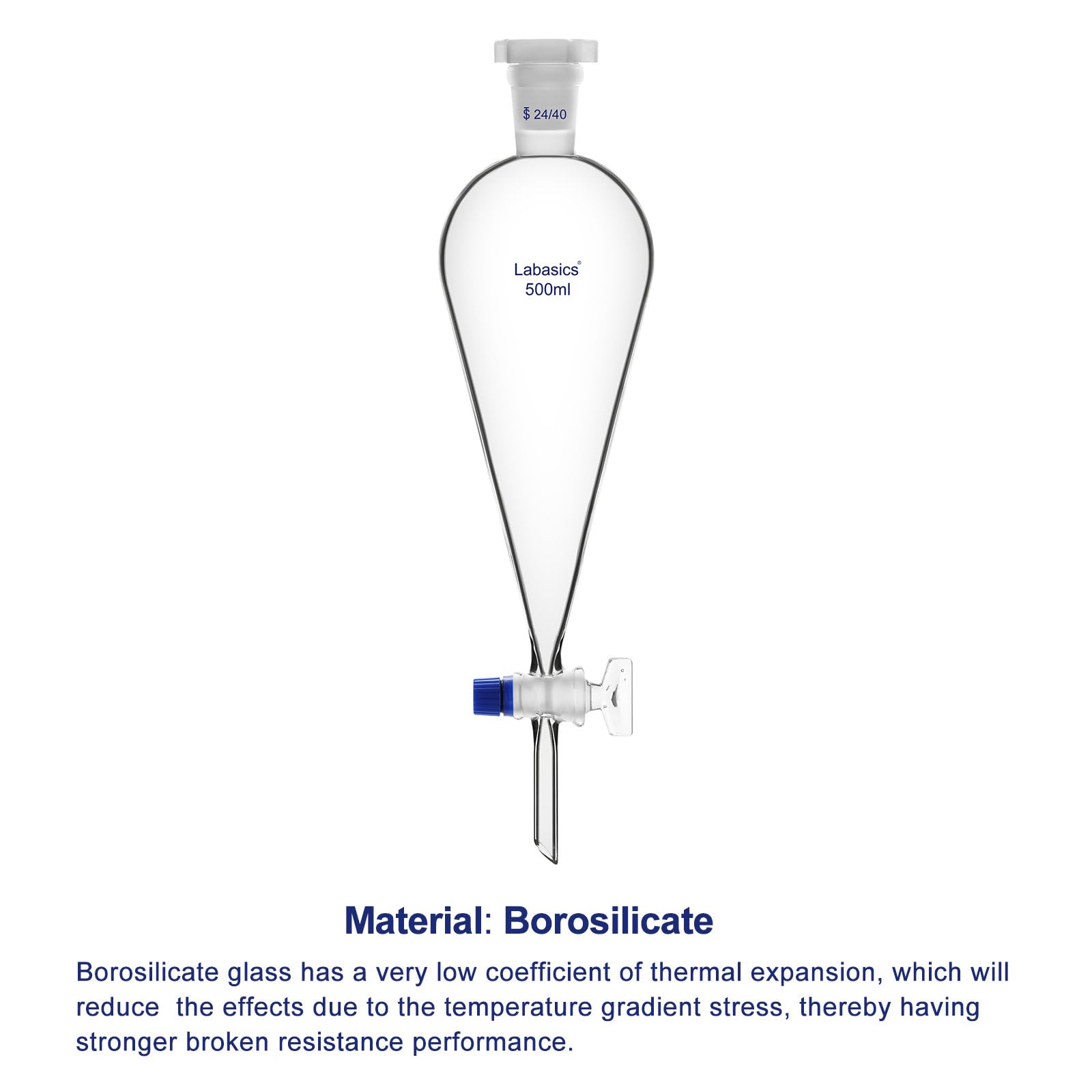 Labasics Embudo de Separación Cónico de Vidrio de Borosilicato de 500 ml con Llave de Vidrio, Ideal para la Separación de Líquidos en Laboratorios