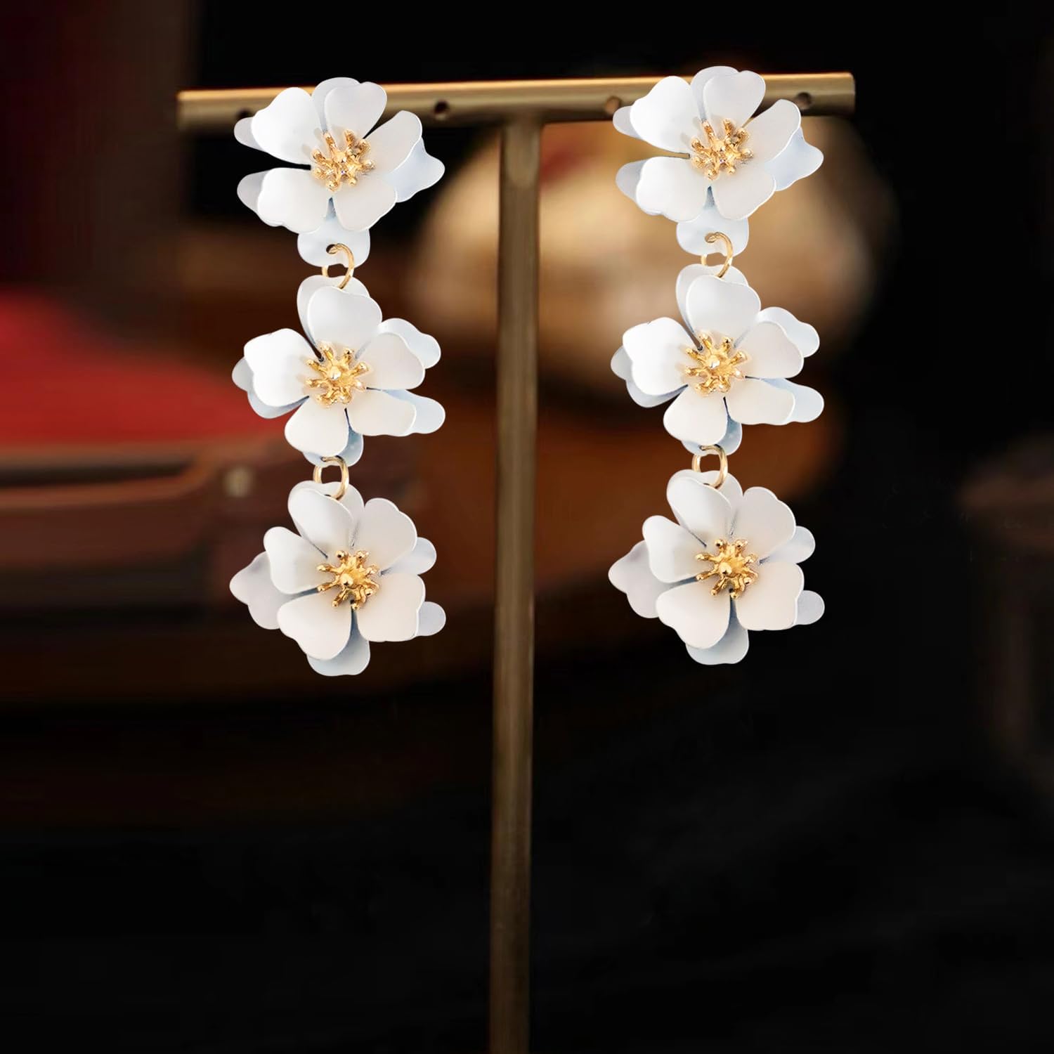 Elegant Bohemian Matte Tiered Triple Flower Dangle Drop Earrings Chic Charm Cute Long Floral Stud Earrings for Women Statement Jewelry Gifts - Image 4