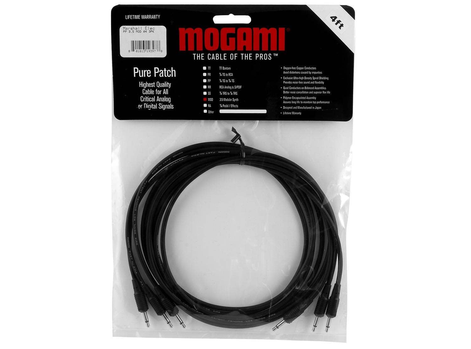 Mogami Pure Patch Modular Synth VC Cables, 3 Pack 4ft