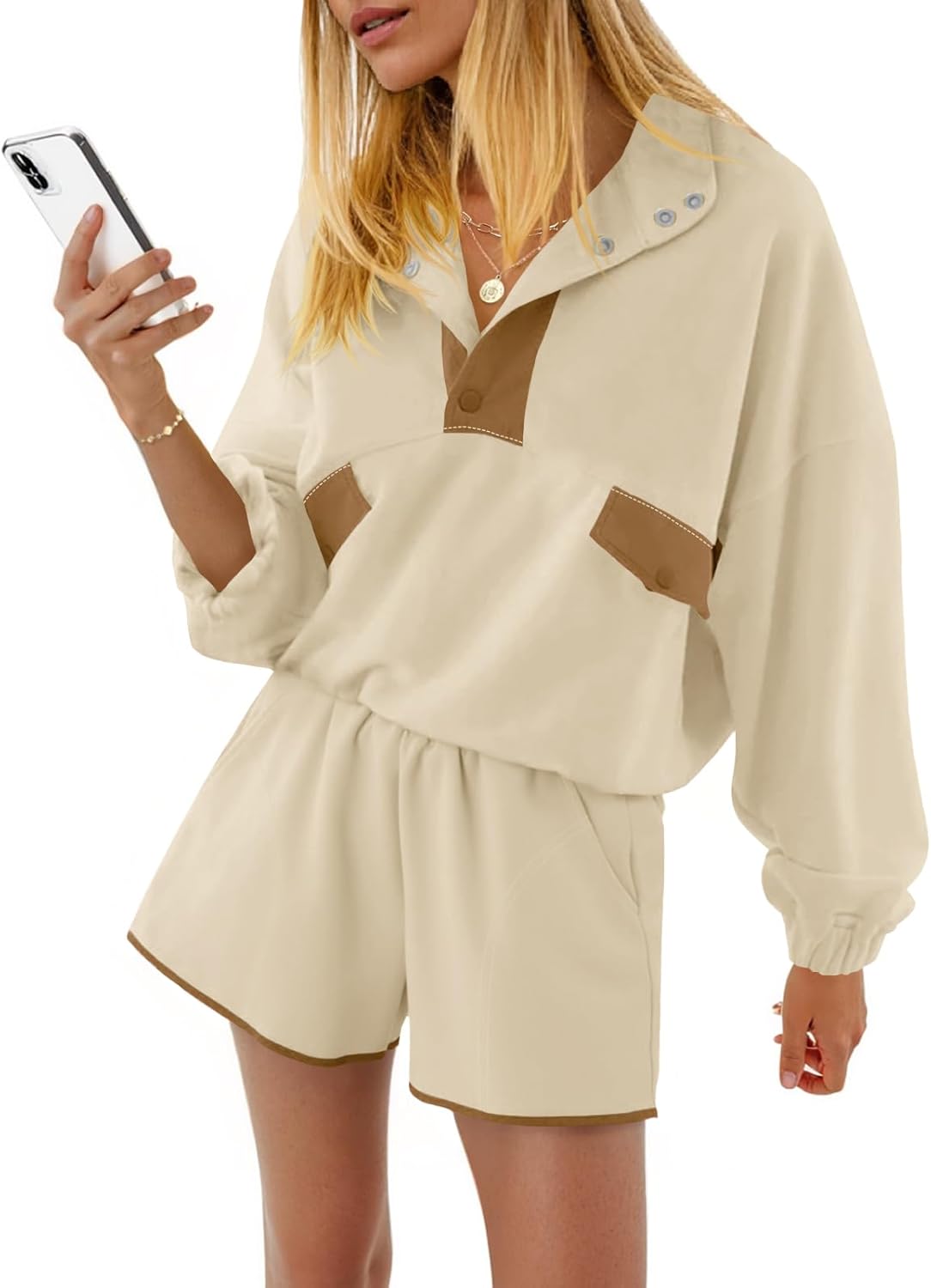 Fisoew Womens 2 Piece Sets Sweatsuits Casual Half Button Color Block Sweatshirts Running Shorts Tracksuits Fall Outfits