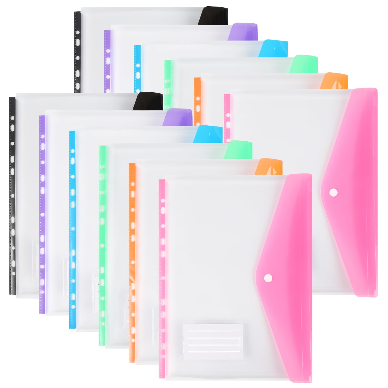 Plastic Wallets A4 Punched Pockets, 11 Holes Expandable Binder Folders for 2/3/4 Ring Document Pouch with Snap Button & Label Loose-Leaf Transparent for Office School Home (12 Pack - Side Open)