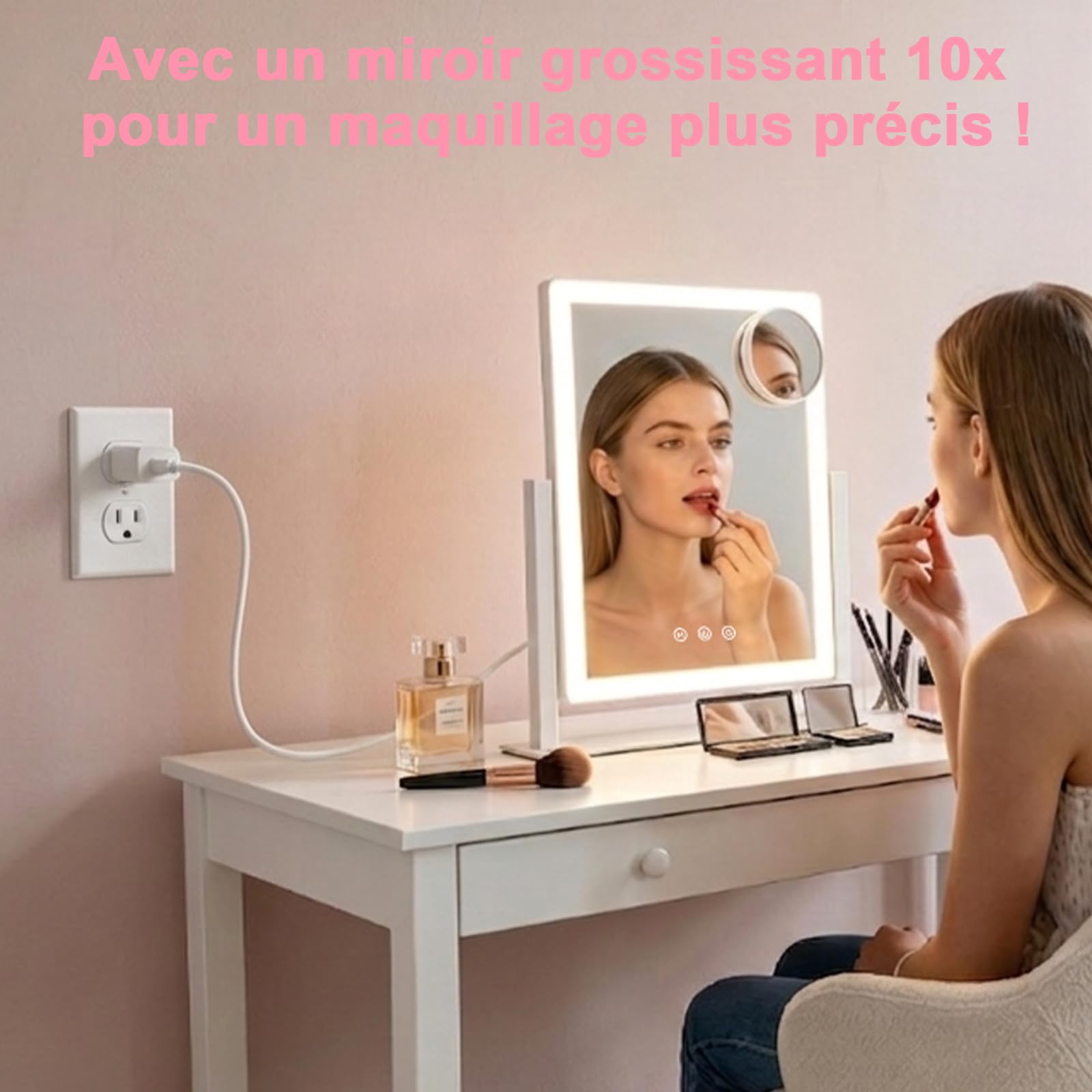 AIMAX Miroir Coiffeuse de Maquillage Lumineux, 27,5 x 37,5 cm, Rotation à 360°, Miroir cosmétique avec LED, 3 Modes d'éclairage et intensité Variable, contrôle Tactile, Miroir de Table pour Coiffeuse
