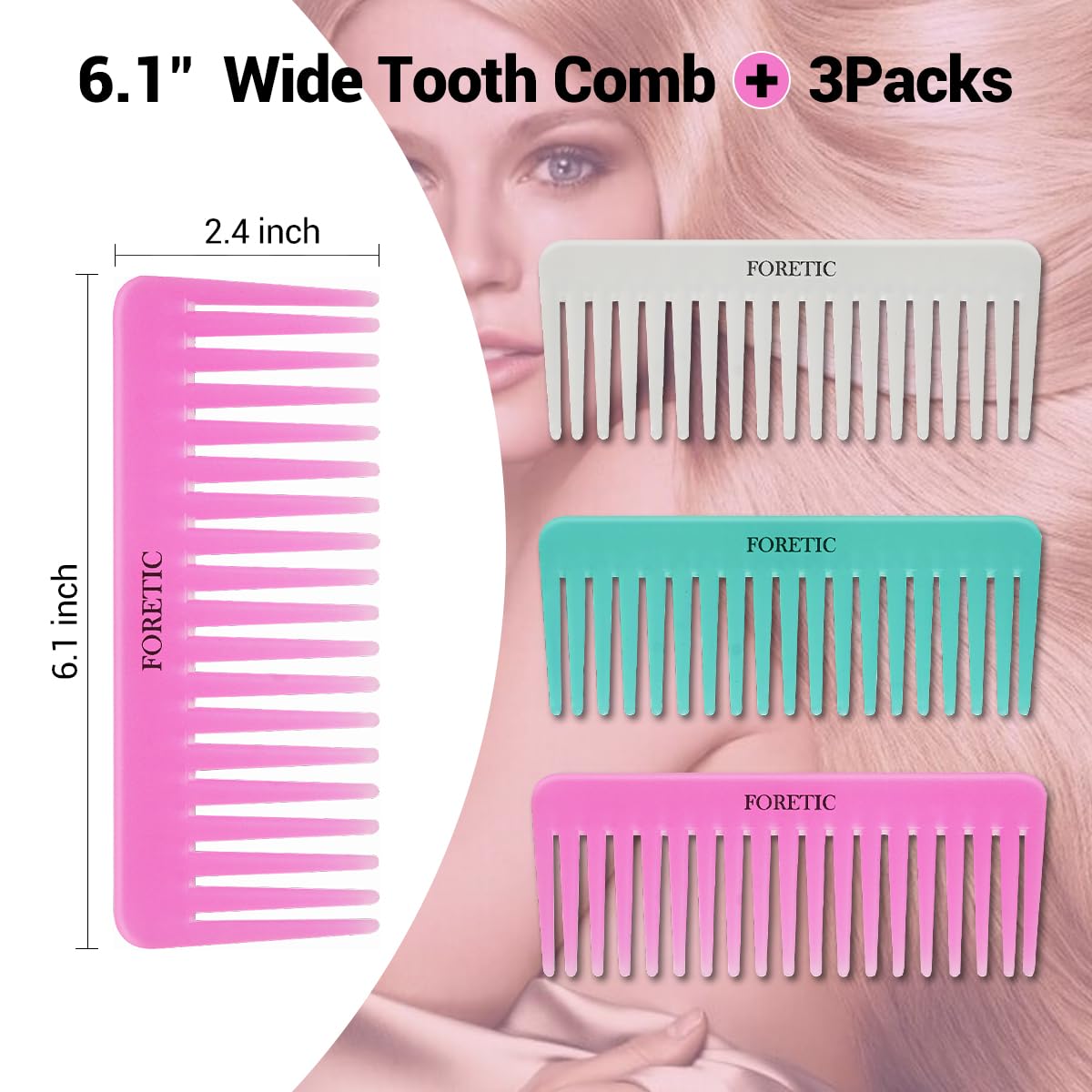 Juego de 3 peines grandes de dientes anchos para mujeres, hombres y niños, desenredante hecho a mano para cabello rizado, largo y corto, corte húmedo y seco, 6.1 pulgadas (rosa, blanco, cian) 3
