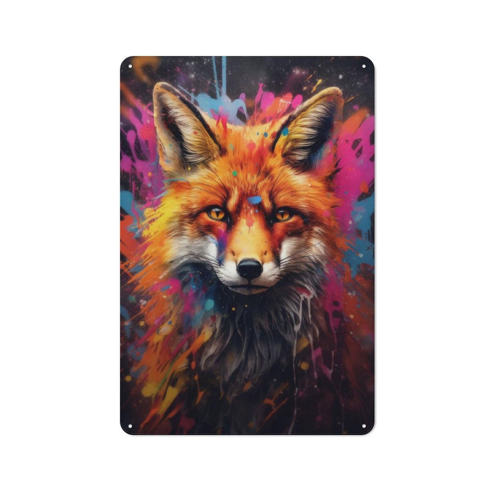 Vintage Metal Sign with Graffiti Splatter Fox Wall Design 30x20cm, Rustic Bar Wall Plaque for Bar, Kitchen, Garage Or Games Room