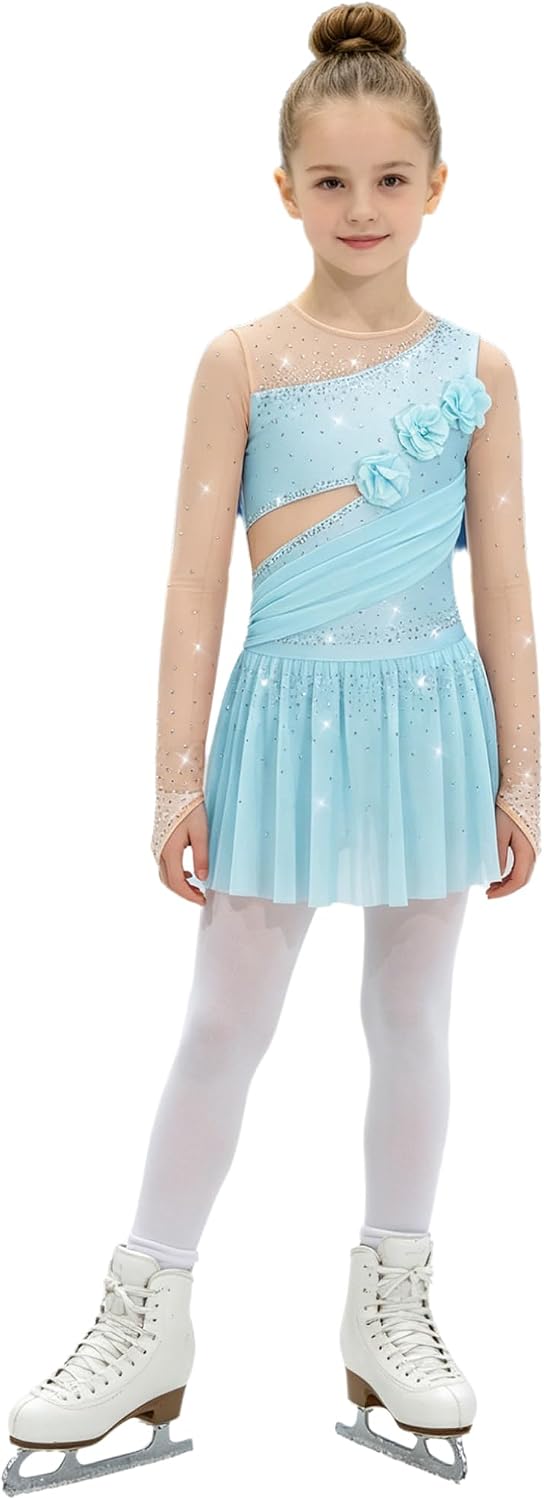 Agoky Figure Skating Dress for Girls 3D Flower Rhythmic Gymnastics Leotard