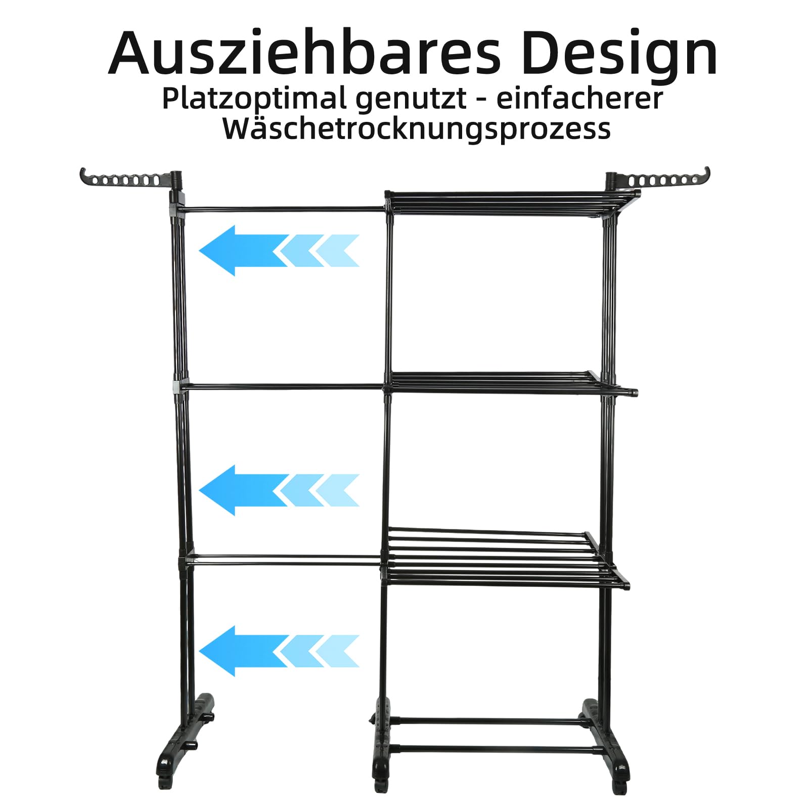Tendedero de ropa de 4 niveles – Secador de ropa plegable con ruedas, tendedero interior y exterior de acero inoxidable, gran secadora de ropa para lavandería, balcón, 142,5 x 64 x 170 cm (negro)