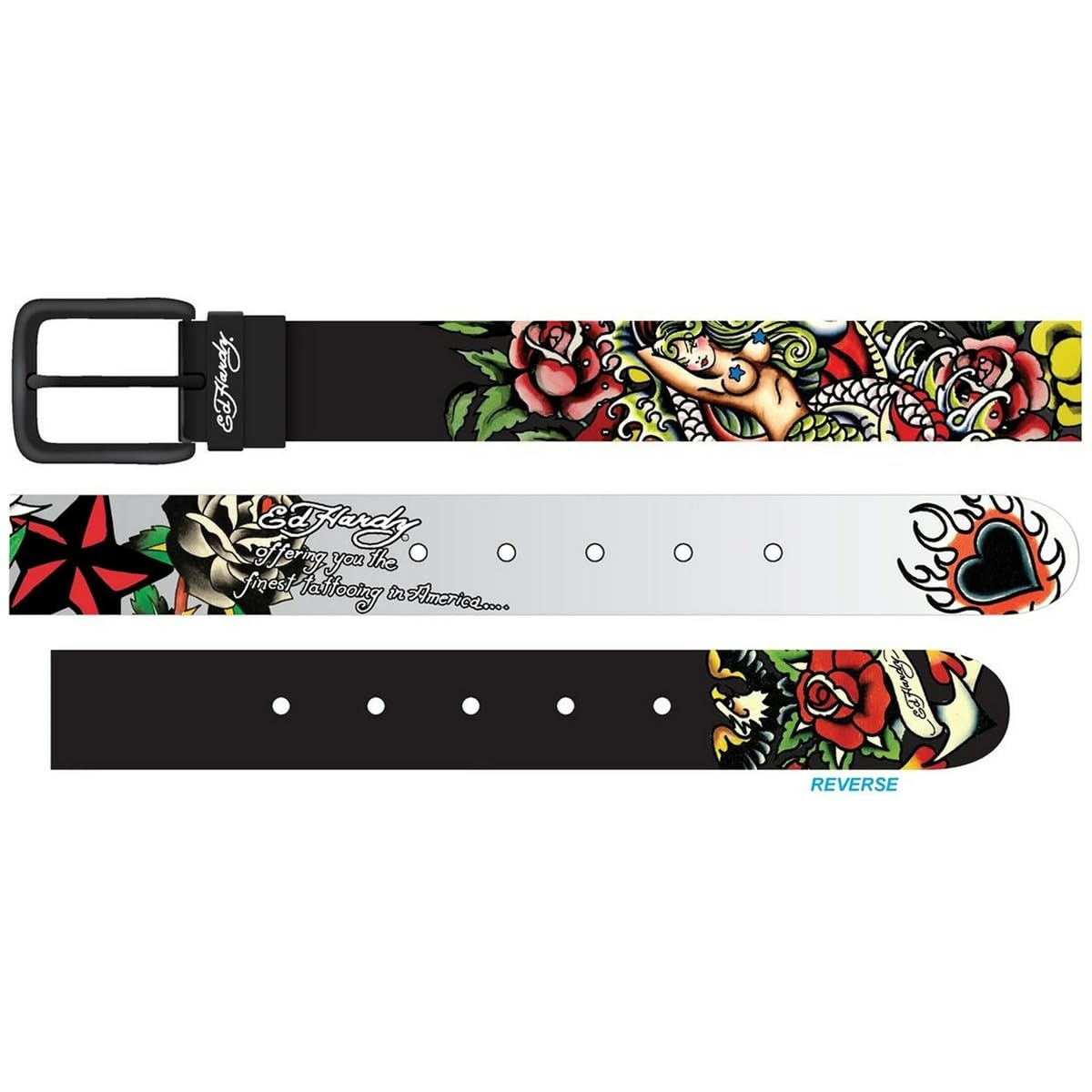 ED HARDY Men's Tattoo Print Graphic Twist Reversible Belt, Finest Tattooing-gray/Black, 42