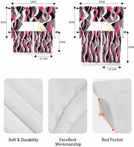 Miniatura 6 de Juego de 3 cortinas de cocina con festón rosa y negro, 3 piezas con bolsillo para barra, cortinas para dormitorio, sala de estar, baño, ventanas,