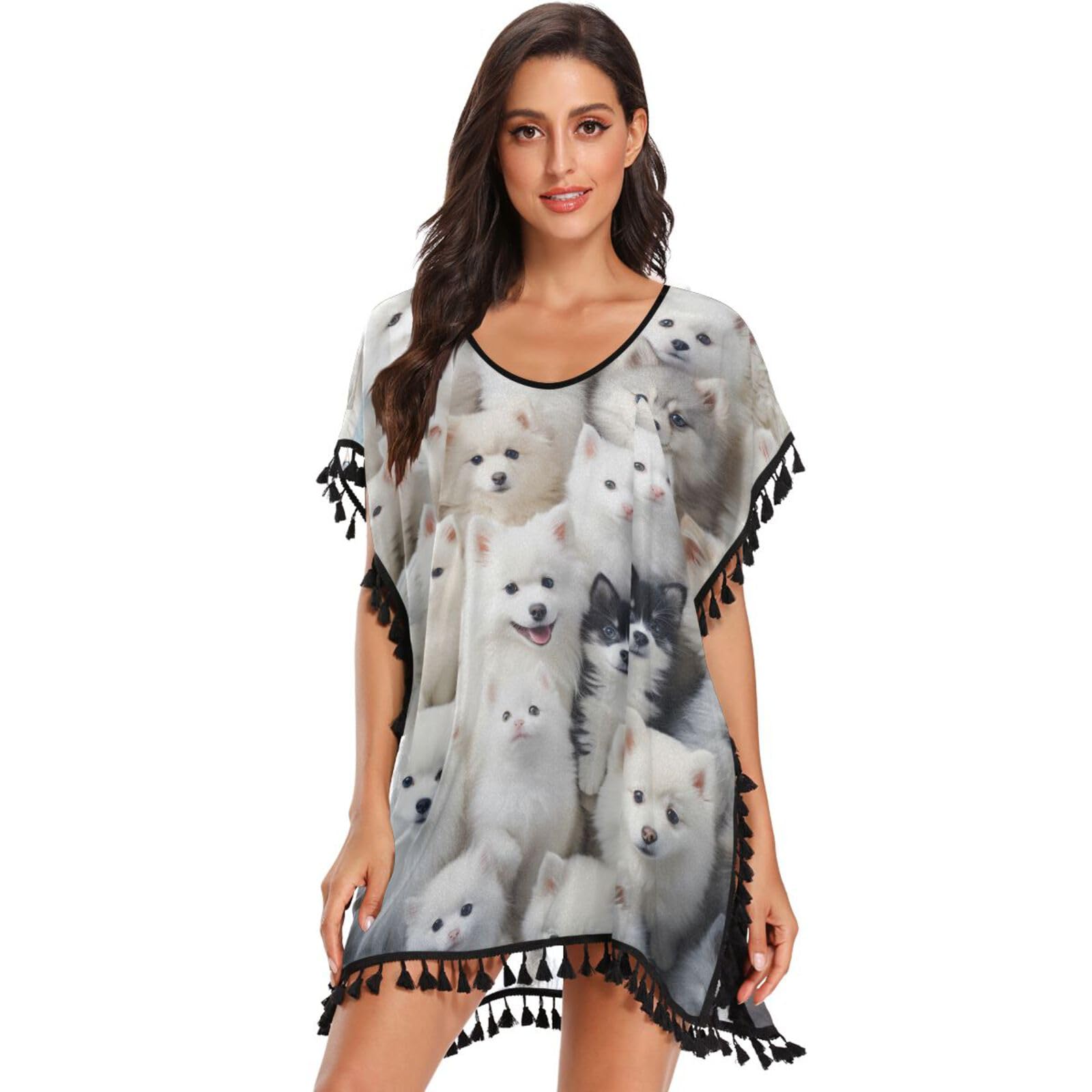 Little Animals Dogs Cats Women's Beach Cover Up Chiffon Tassel Swimwear Swimsuit Coverups for Girl