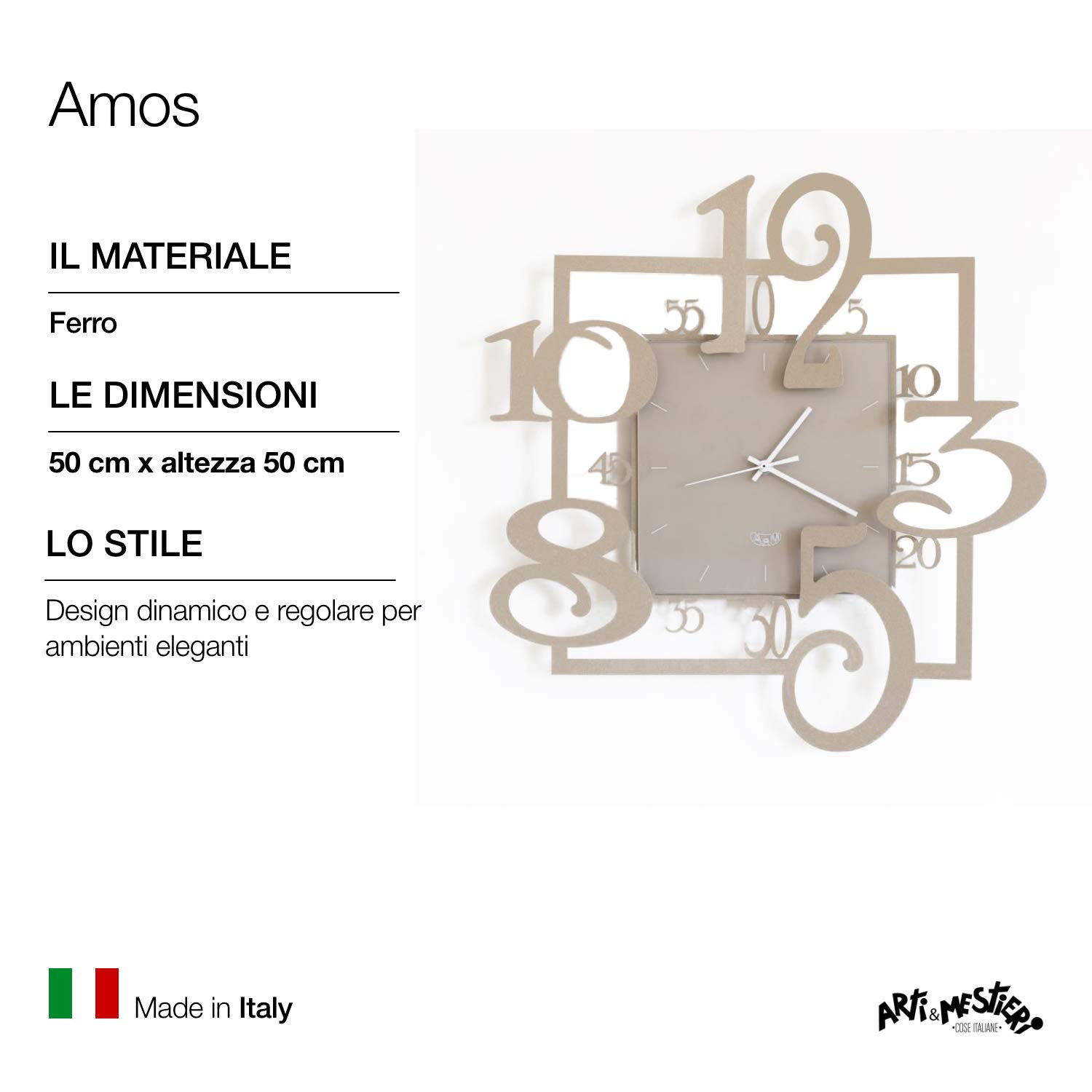 Arti & Mestieri Amos - Orologio da Parete di Design 100% Made in Italy - in Ferro, 50 x 5 x 50 cm - Beige