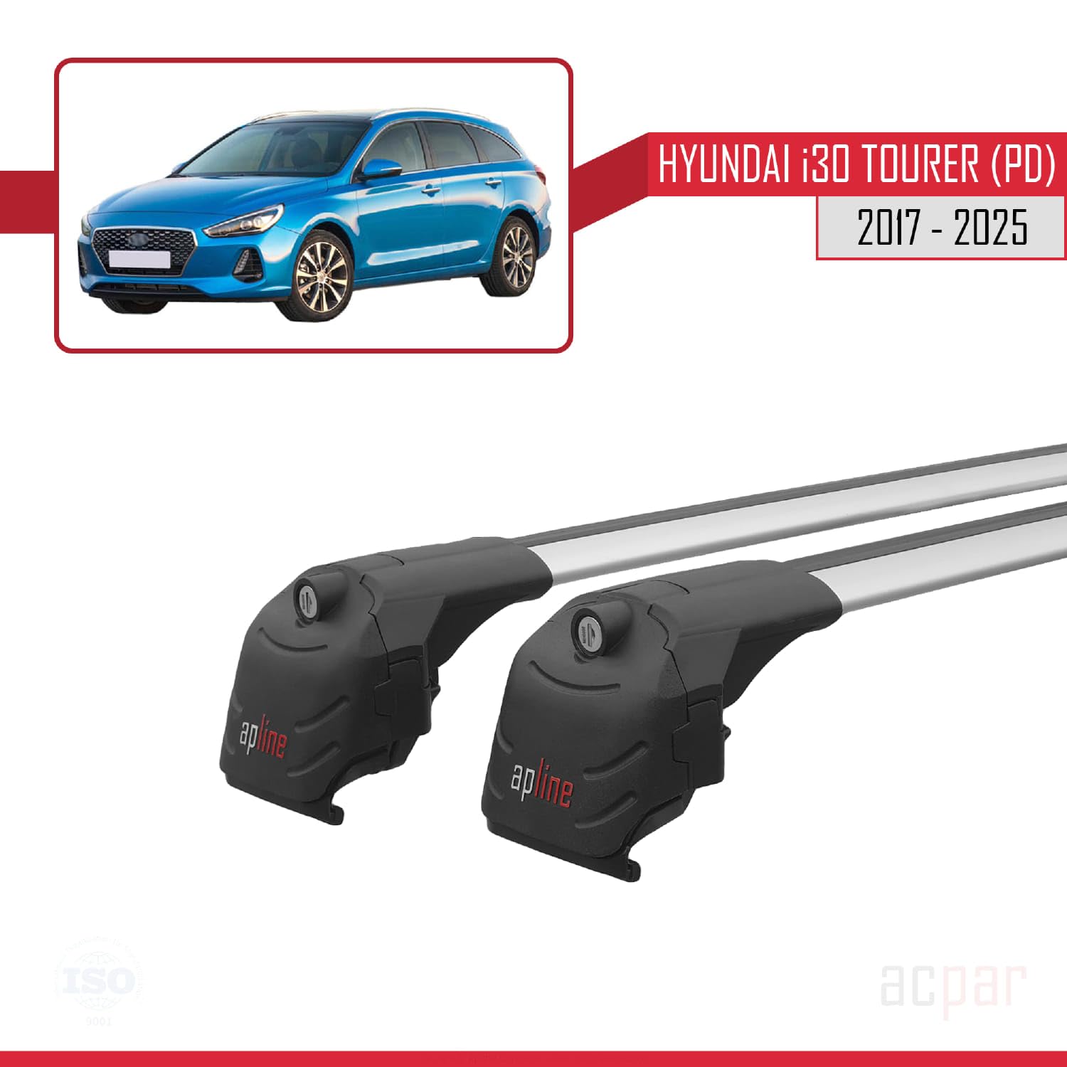 Compatibile con Hyundai i30 Tourer 3 (PD) 2017-2026 Modello ACE-2 Barre Tetto Portapacchi Auto Barre Portatutto Grigio Alluminio 2 Barre