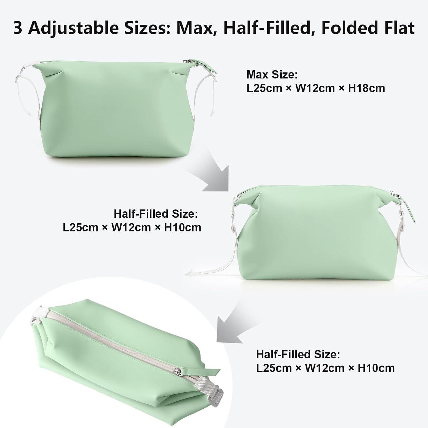 Vomgomfom 3L 6.5 Inch Silicone Toiletry Bag, Waterproof Leakproof Travel Cosmetic Organizer, Adjustable G-Buckle Compression Dopp Kit, Foldable Makeup Bag for Women & Men, Green
