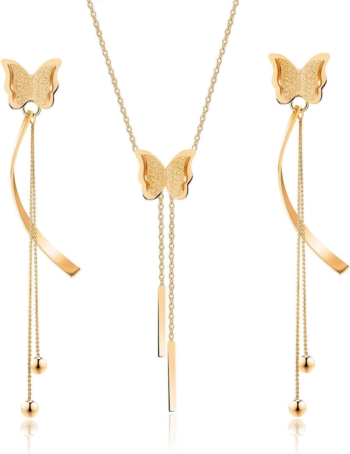 EVEVIC Stainless Steel Butterfly Necklace Earrings Set for Women 14K Gold Plated Hypoallergenic Jewelry Sets EVEVIC Stainless Steel Butterfly Necklace Earrings Set for Women 14K Gold Plated Hypoallergenic Jewelry Sets