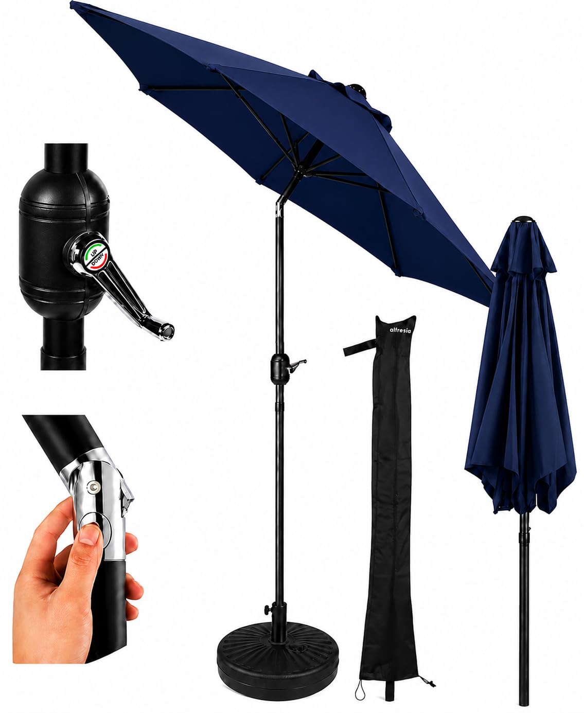 Alfresia Navy 2M Garden Parasol With Base & Waterproof Cover, Crank Handle & Tilt Function, Water-Resistant Patio Umbrella With Steel Pole & 6 Ribs, Outdoor Sun Shade For Garden & Patio