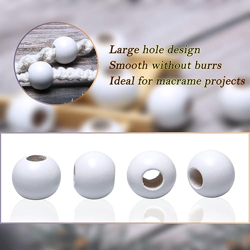 Miniatura 4 de 40 cuentas de macramé de madera blanca de 0.984 in con agujero grande de 0.39 pulgadas para manualidades, cuentas espaciadoras de madera, bolas