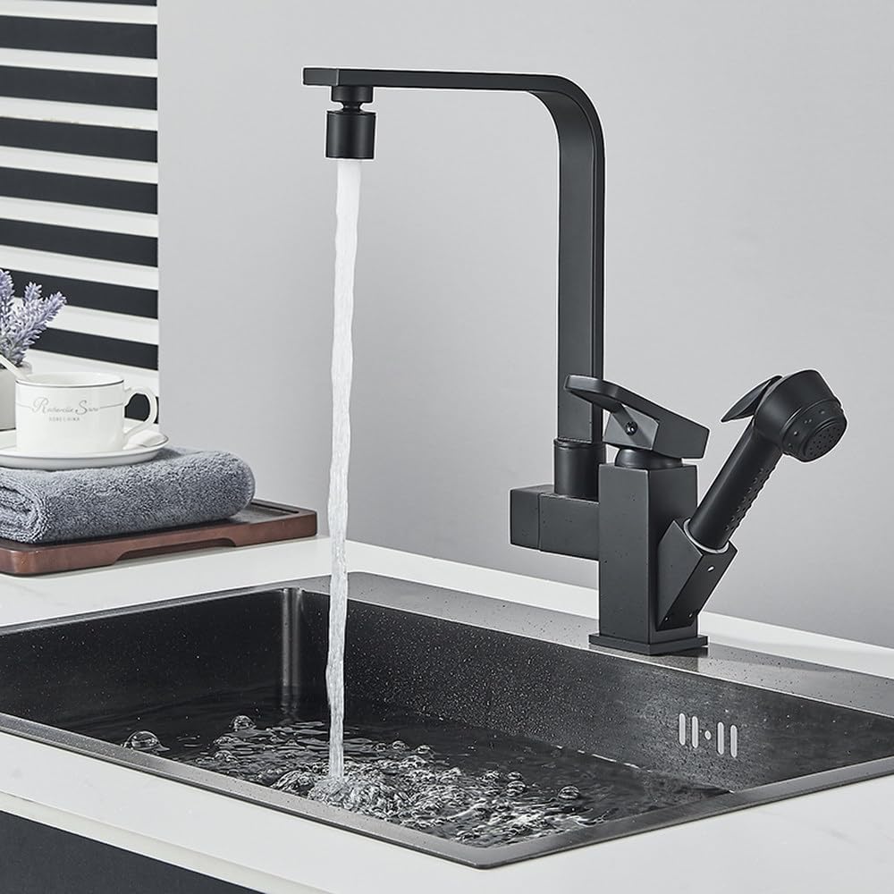 Robinet d'évier de cuisine noir mat avec douchette extractible et mitigeur rotatif