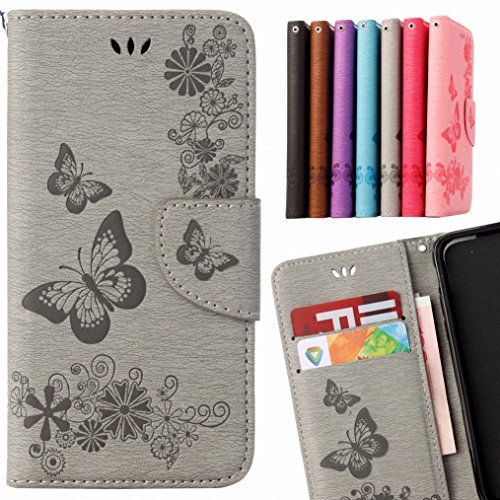 LEMORRY para Huawei P8 Lite (2017) Funda Estuches Cuero Flip Billetera Bolsa Piel Slim Protector Magnética Cierre TPU Silicona Carcasa Tapa para Huawei P8 Lite (2017), Mariposa Suerte Gris