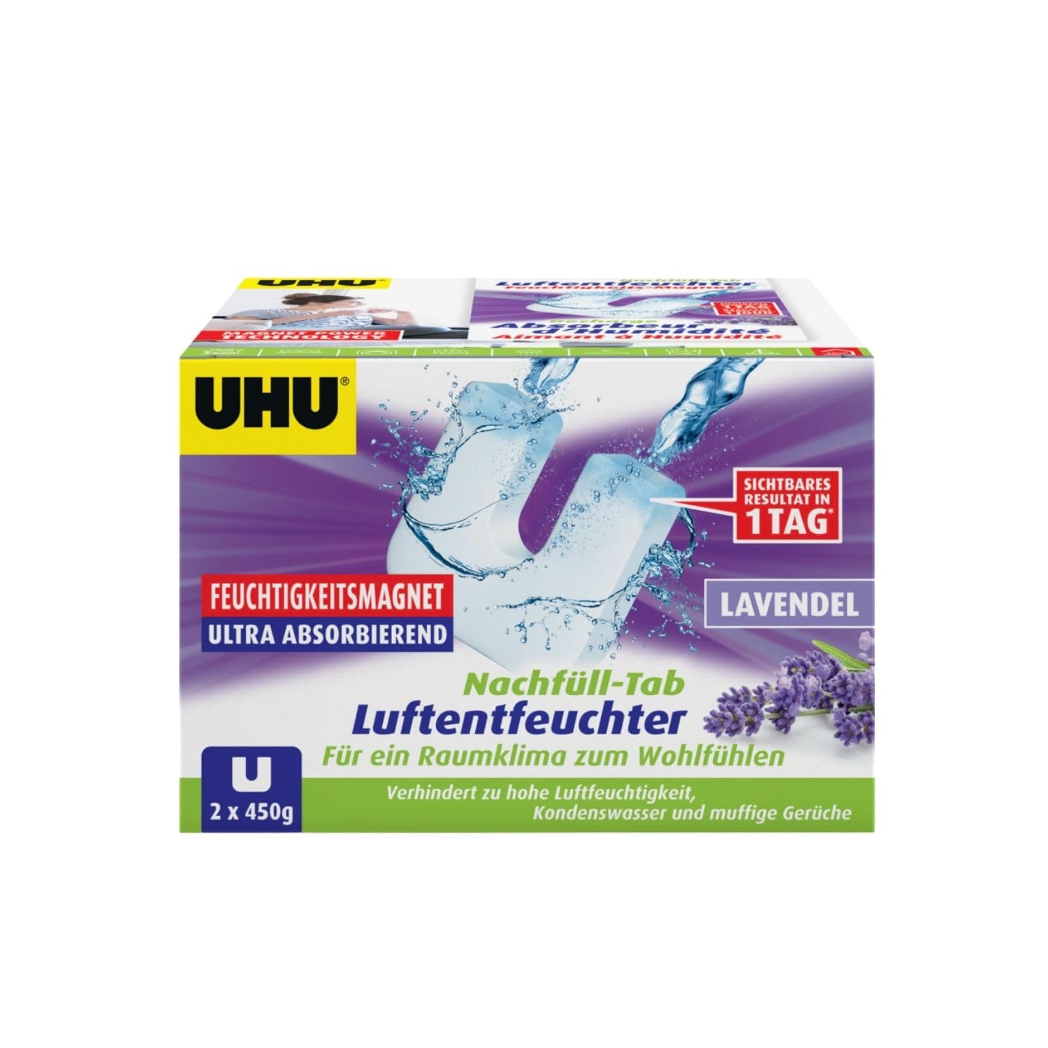 UHU Luchtontvochtiger navulzak, voorkomt vocht en muffe geuren, voordeelverpakking van 3 x 450 g