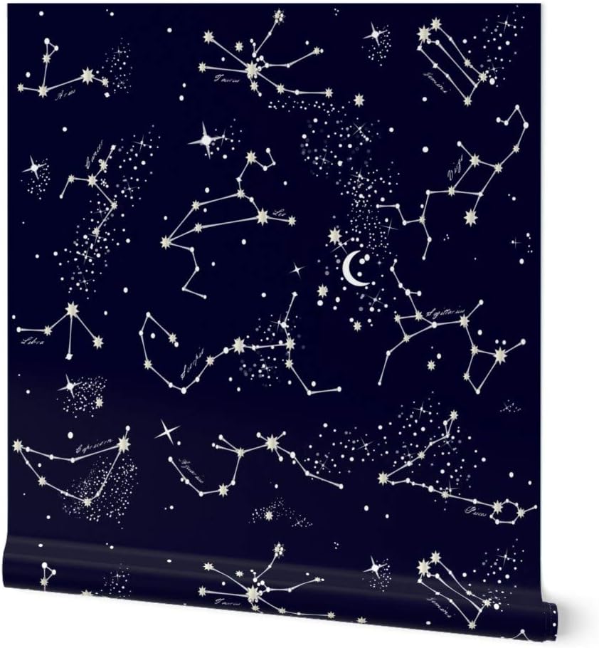 Peel & Stick Wallpaper 3ft x 2ft - Zodiac Constellations Night Navy Sky Stars Celestial Decor Galaxy Space Baby Astrology Custom Removable Wallpaper by Spoonflower