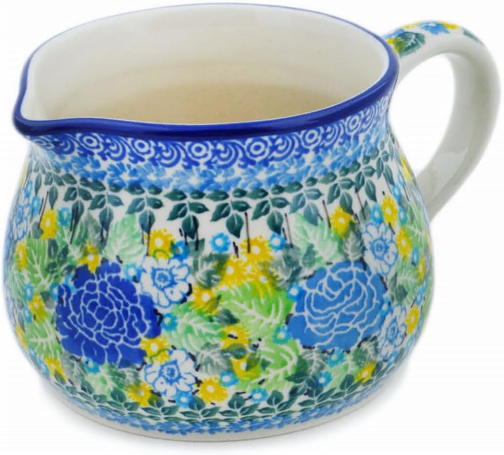 Polmedia Polish Pottery Creamer UNIKAT - Lime Bouquet Pattern Handmade in Boleslawiec Poland by Ceramika Artystyczna + Certificate of Authenticity