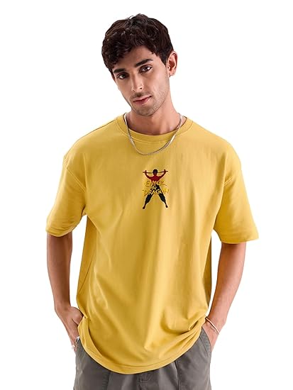 The Souled Store Enter The Dragon: Bruce Lee Mens & Boys Oversized Fit Graphic Printed Half Sleeve Cotton Yellow Oversized T-Shirts
