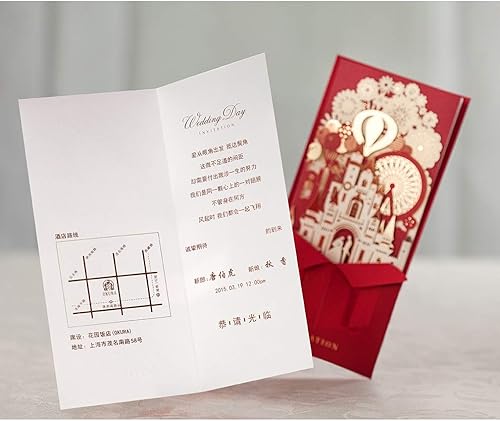 Miniatura 6 de Tarjetas de invitaciones de boda cortadas con láser, diseño de hadas rojas para novia y novio en castillo, compromiso, despedida de soltera,