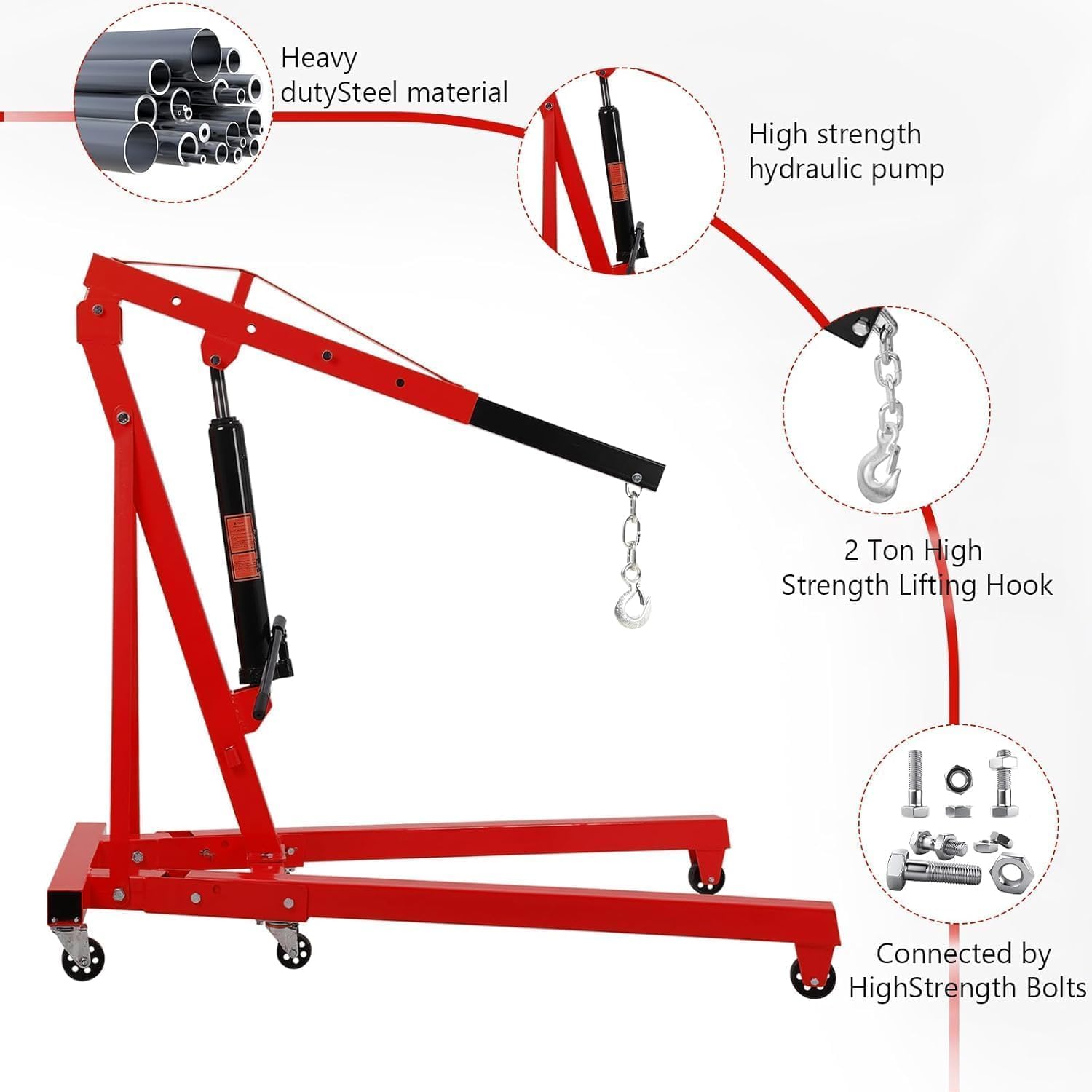 2 Ton Engine Hoist, 4400 LB Mobile Cherry Picker Engine Lift Hydraulic Tilting Engine Shop Crane with 6 Casters & Telescopic Boom for Garage, Workshops, Auto Repair