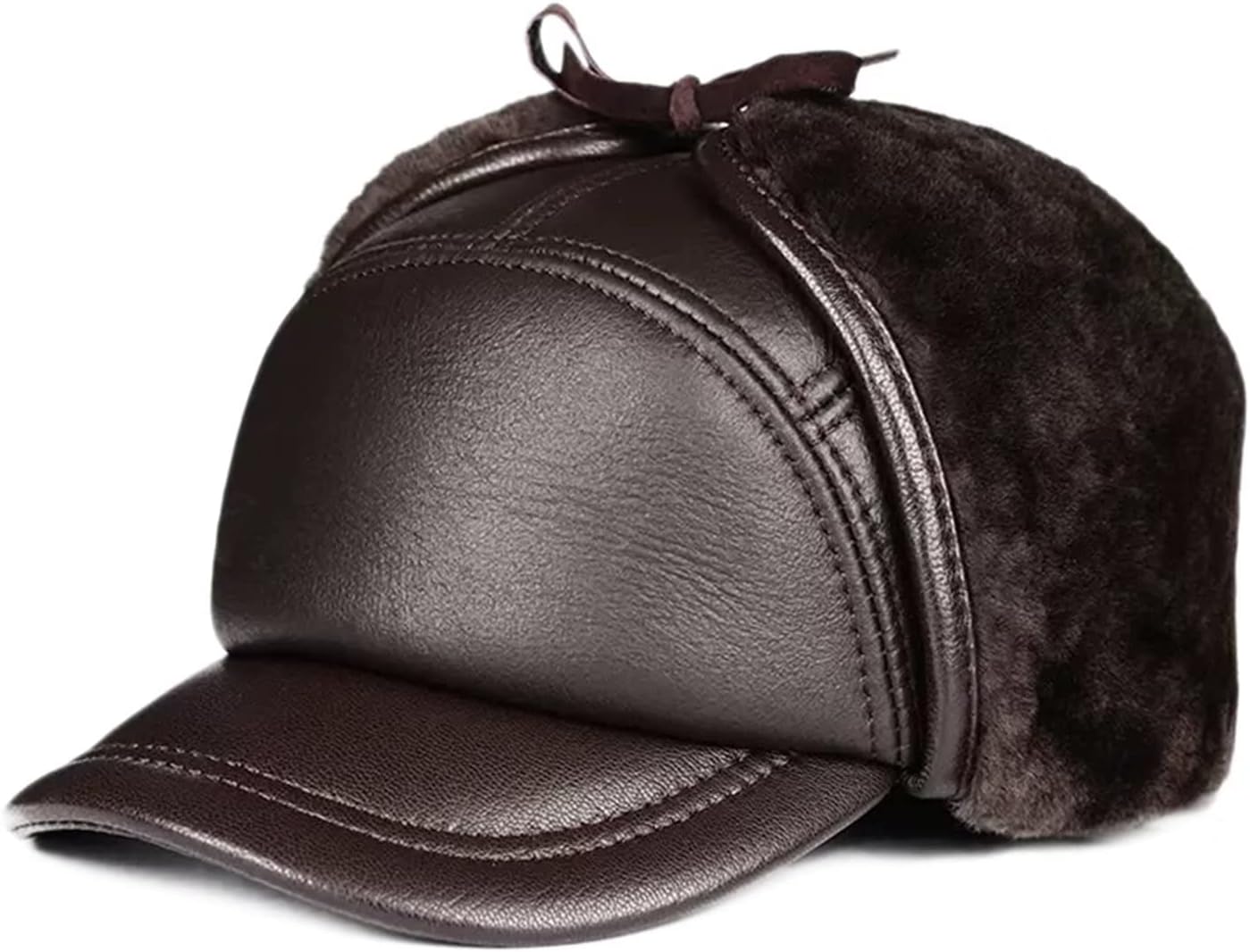 Winter Trapper Hat Leather Aviator Pilot Cap for Men Warm Wool Lined Bomber Hats with Ear Flaps,Black A-L