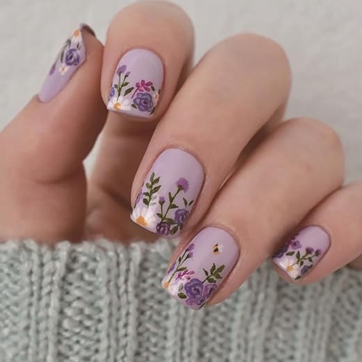 Flower Press on Nails Purple Short Square Fake Nails Lilac Floral False Nail Lavender Glue on Nail Glossy Reusable Spring Summer Nails for Women Manicure 24pcs