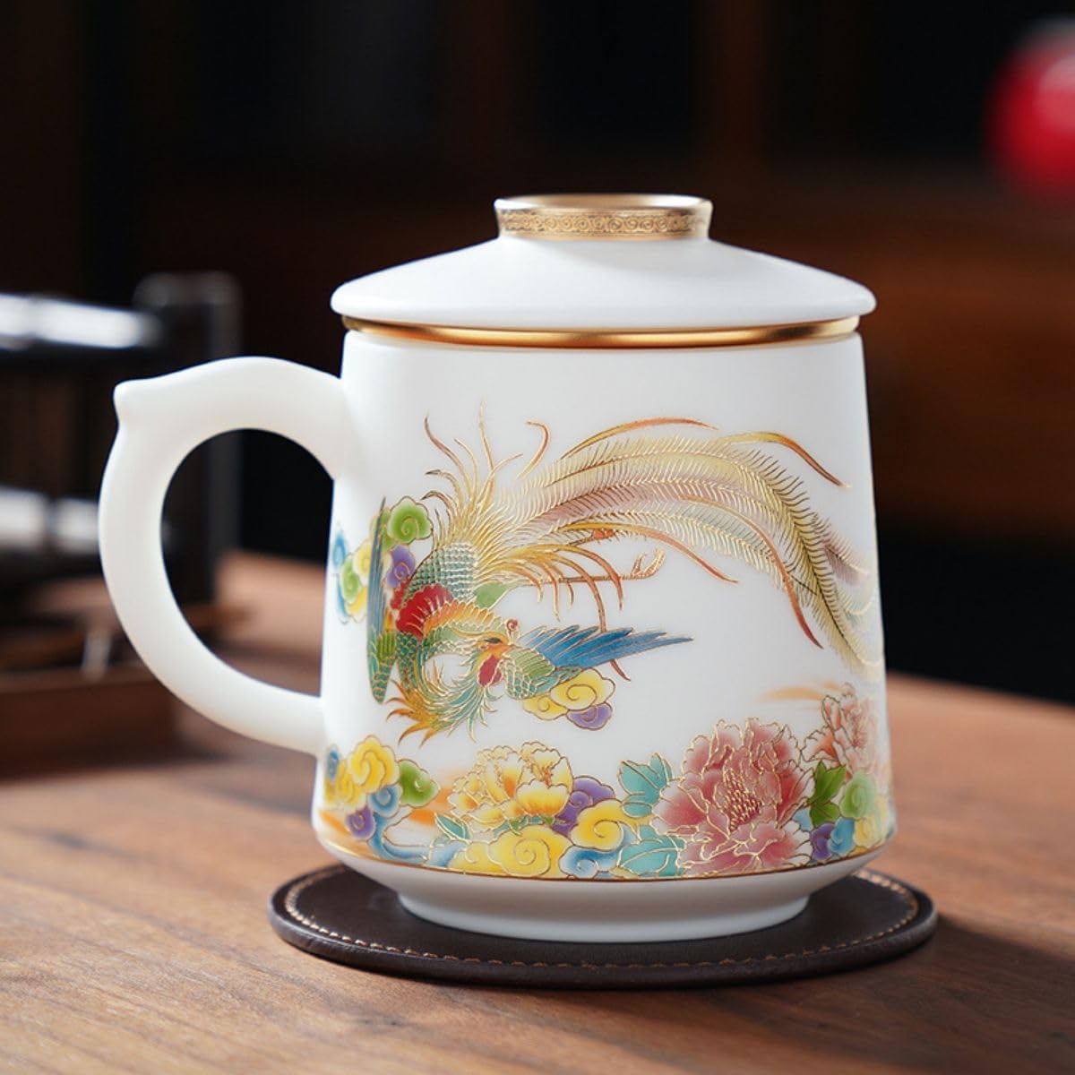 Thcbme 玉陶瓷珐琅彩绘工艺办公杯精细制作马克杯水杯自带茶水过滤器 Stainless Steel tea cup Strainer Q2213