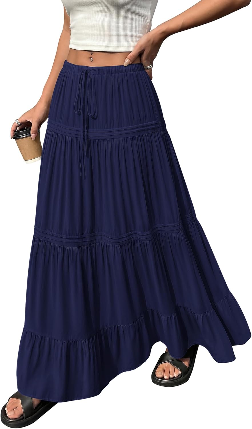 BTFBM Spring Skirts for Women 2026 Summer Boho Beach Vacation Clothes Casual Pleated High Waisted Flowy Maxi Skirt - Image 2