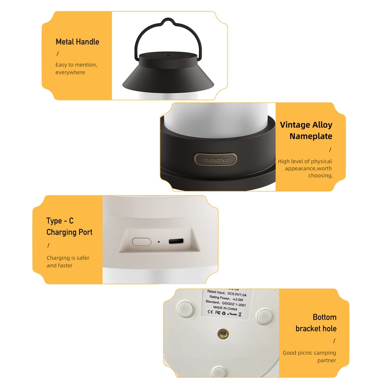 Domésticos Humidificadores 1200mAh Humidificador de Aire aromático portátil USB Recargable Retro Lámpara de Camping Inalámbrico Aromaterapia Difusor de Aceite Esencial(Bianco)