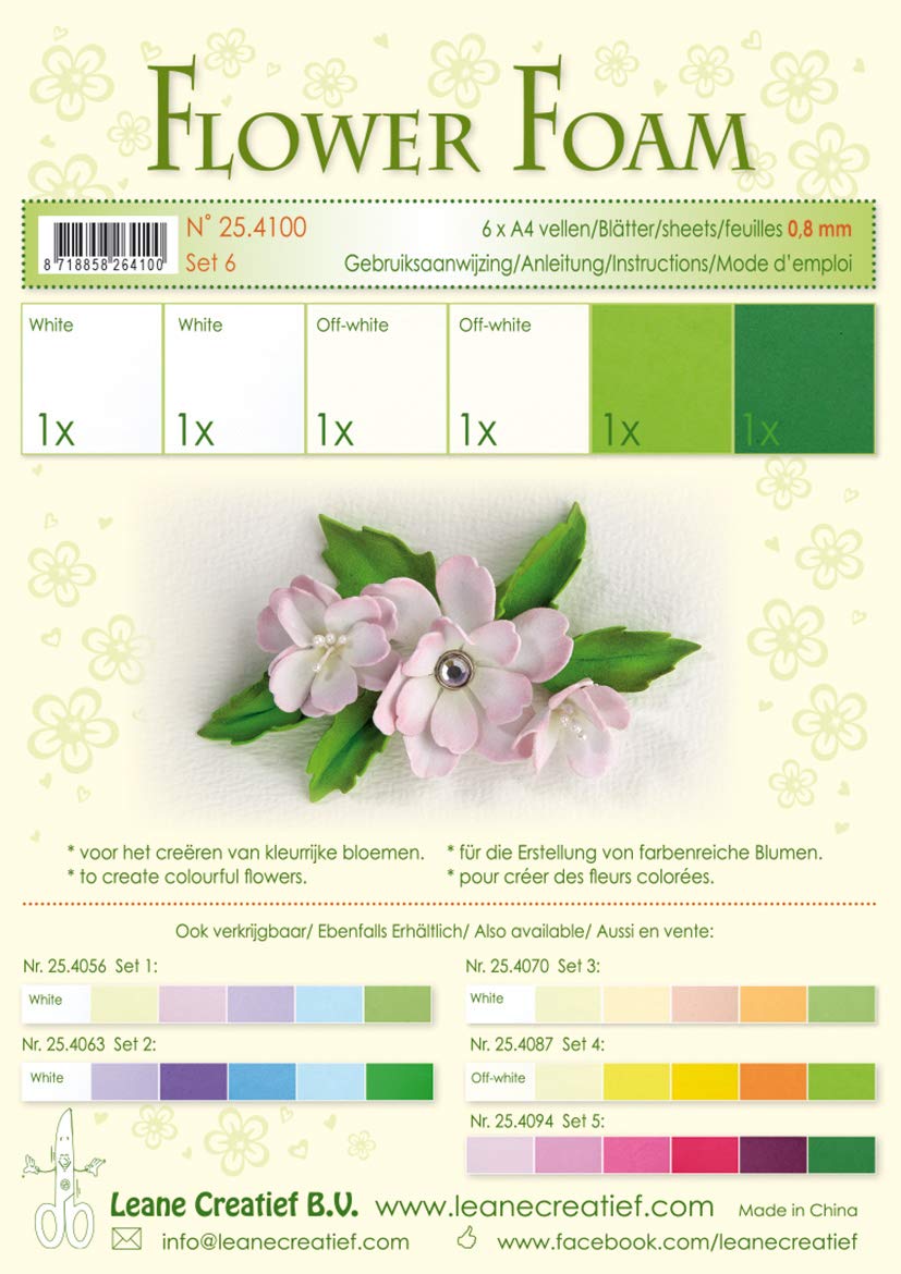 Leane Creatief A4 0.8mm Flower Foam Sheets 6pcs - Set 6 White – Green Colours