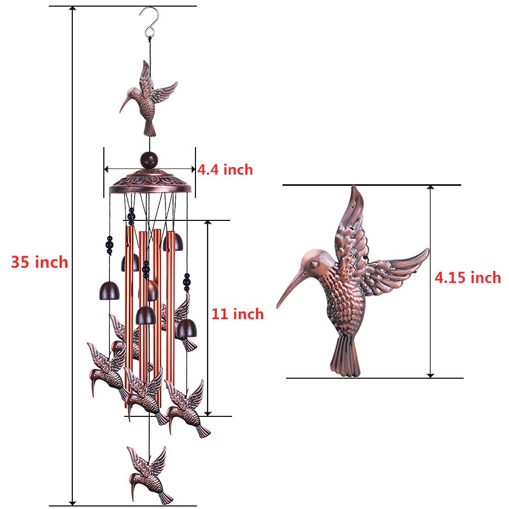 Garden Hummingbird Wind Chimes Outdoor Decor, with 4 Tubes 6 Bells 7 Hummingbirds Mobile Romantic Wind Catcher - Image 3
