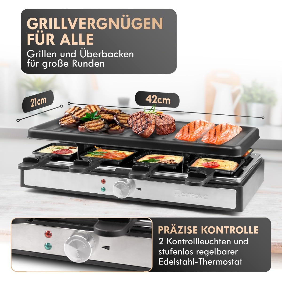 Clatronic® Raclette per 8 persone con piastra rimovibile | Raclette Grill con rivestimento antiaderente | incl. 8 padelle | Raclettes con alloggiamento Cool Touch | RG 3757