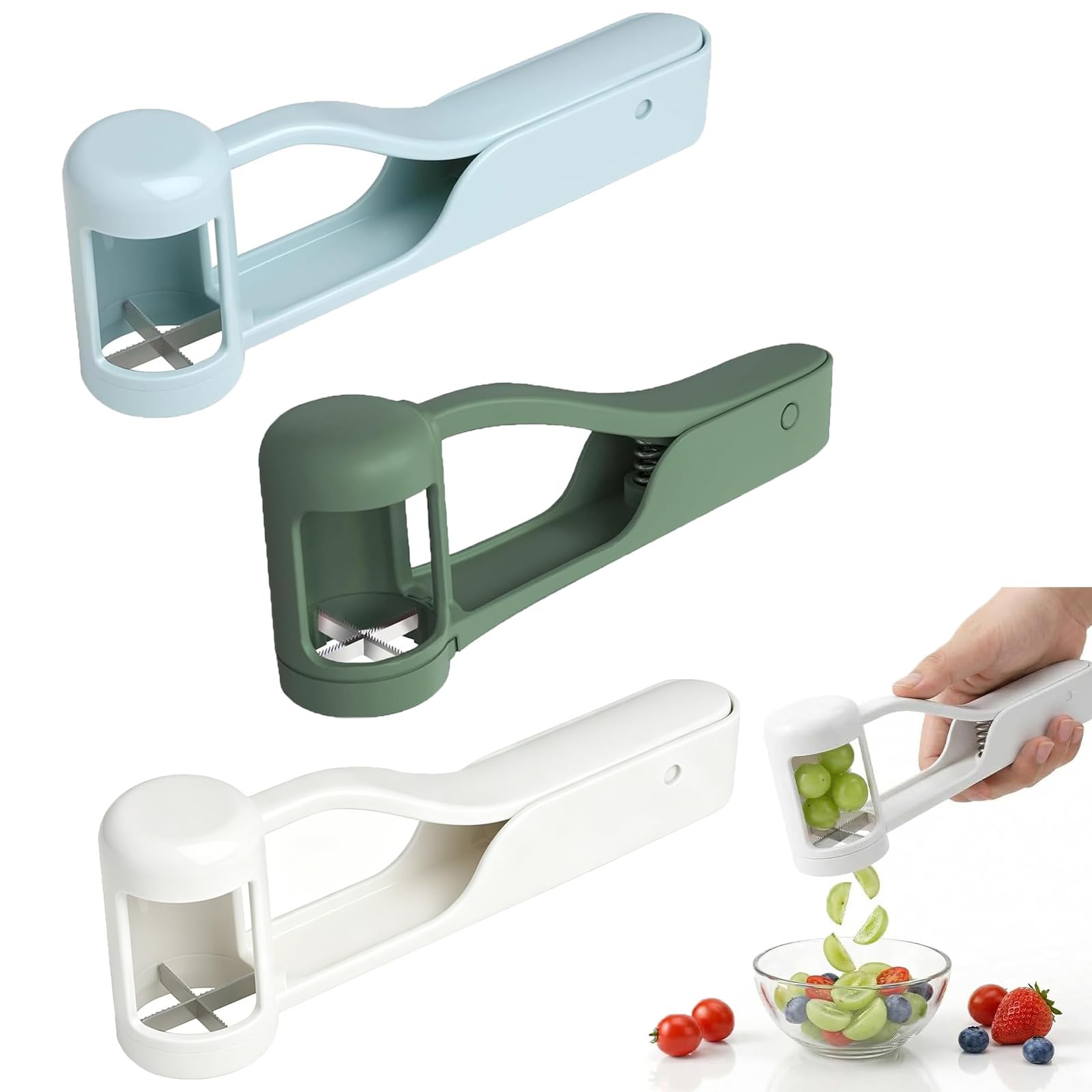 3 PCS Grape Cutter, Fruit Slicer Tool for Grapes, Tomatoes, Cherries, Strawberries and Olives, Stainless Steel Blades with ABS Non-Slip Handle, Quick and Safe Kitchen Gadget for Snacks and Salads