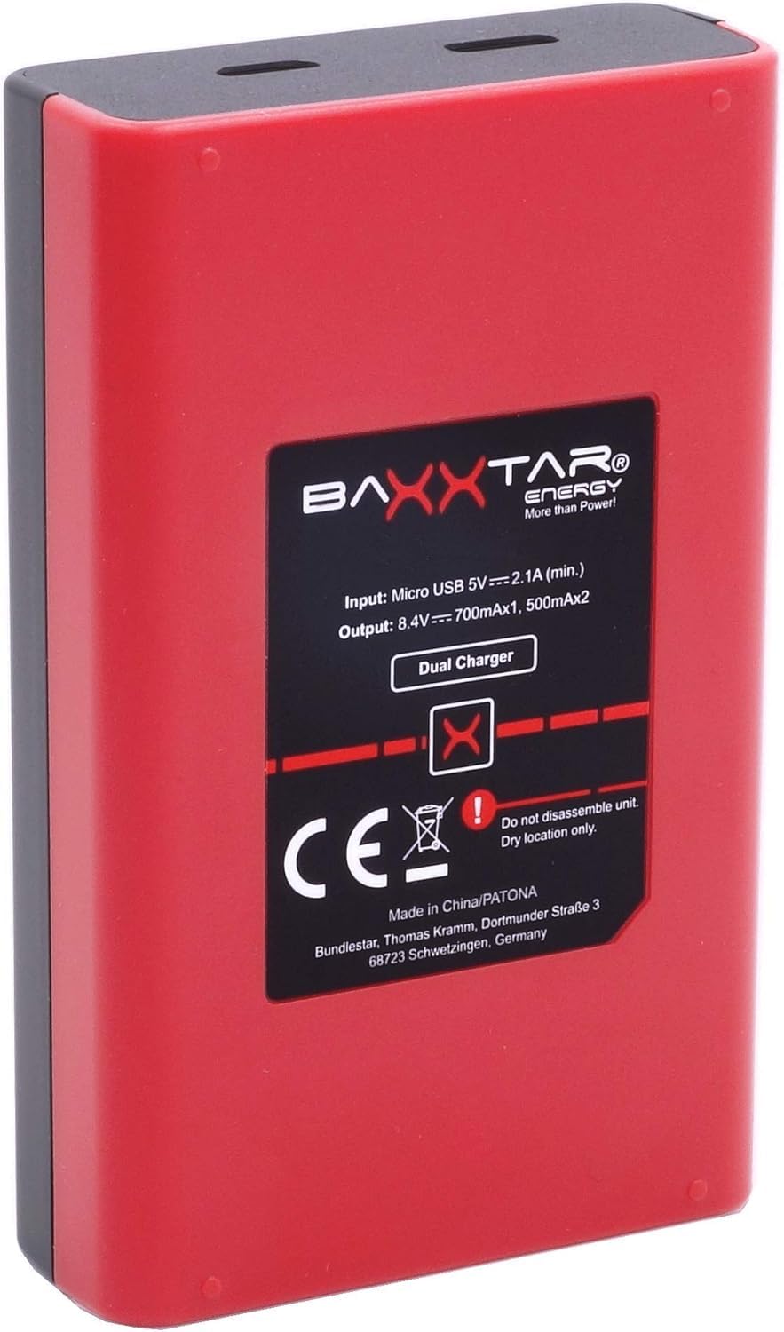 Back view of the Baxxtar Mini Dual LCD Charger with input/output specifications