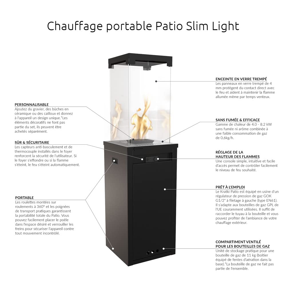 KRATKI Patio Light Chauffage d'appoint au gaz Propane-Butane G30/30mbar - 8,2 KW - Chauffage Extérieur Terrasse Jardin - Foyer Décoratif - Jusqu'à 30 Heures de Combustion - Noir