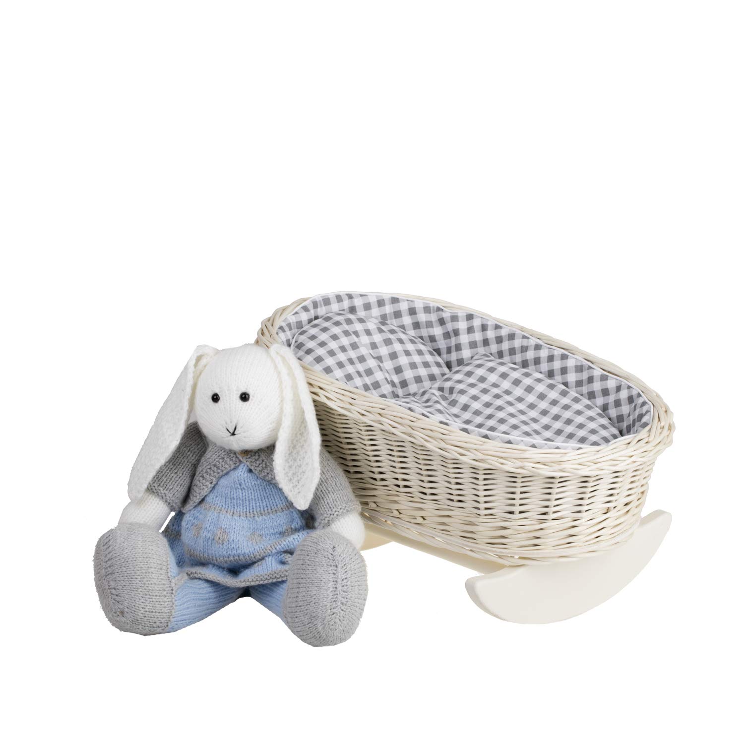 e-wicker24 Alles aus Weide Poppenbed, wieg met schommelbank, poppenbed van wilgentenen met matras deken kussen (wit