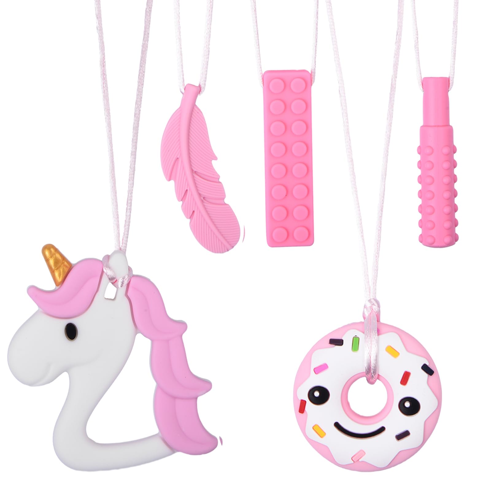 5 PCS Sensory Chew Necklace, Chew Toys Food Grade Silicone for Autistic Children, Teething, Anxiety, Biting Needs, ADHD, Oral Motor Chewy with Adjustable Buckle for Baby Boys Girls (Pink)