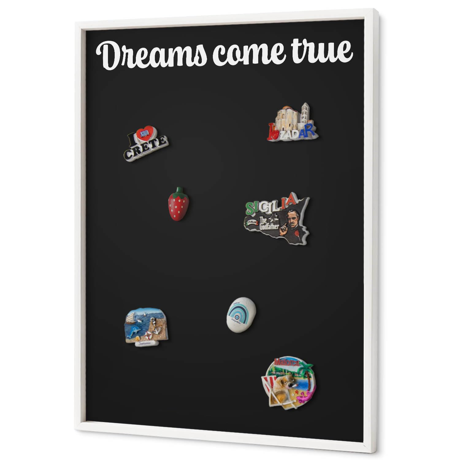 Panel Magnético 70x100 cm | con Marco Blanco | Dreams Come True | Montaje Fácil | Organizador de Pared | Para Recuerdos de Vacaciones | Expositor de Imanes de Nevera y Postales | Para Cocina