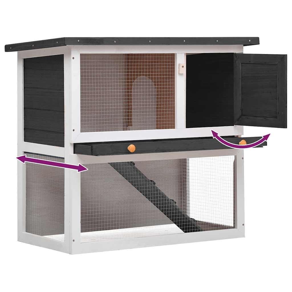 Kaninchenstall Holz Kleintierstall Grau Weiß Hasenstall mit Rampe und ausziehbarer Schublade Kleintierkäfig zweistöckig für Hasen Meerschweinchen Outdoor Indoor 90x45x80 cm