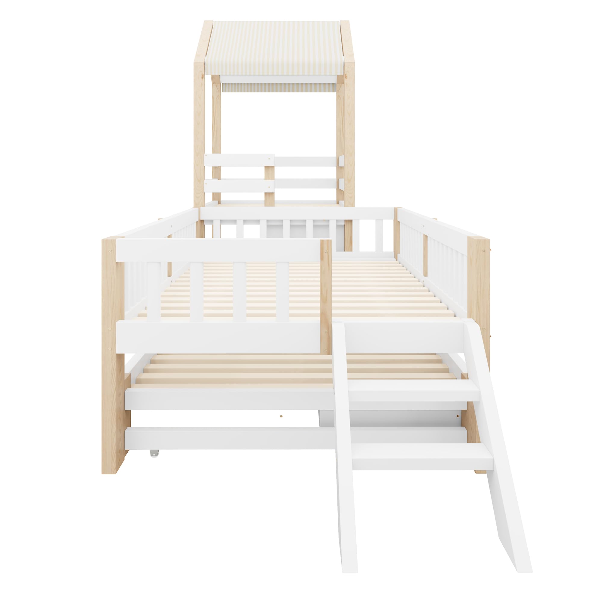 Letto Montessori 90x200 con Letto Estraibile 90x190 cm e 2 Cassetti (Bianco+Naturale-1)